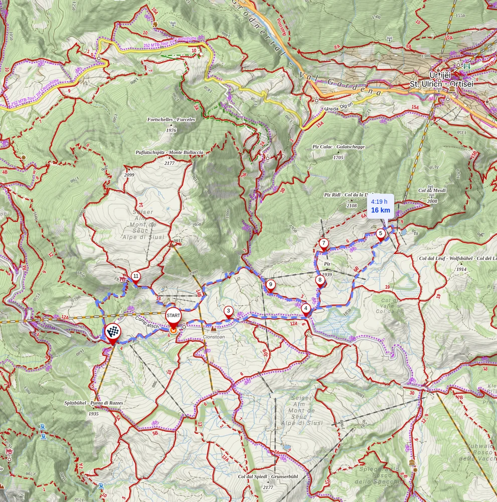 Map from Compatsch across the moors to Sporthotel Sonne, the lower Puflatsch slopes, and the Spitzbühl lift.