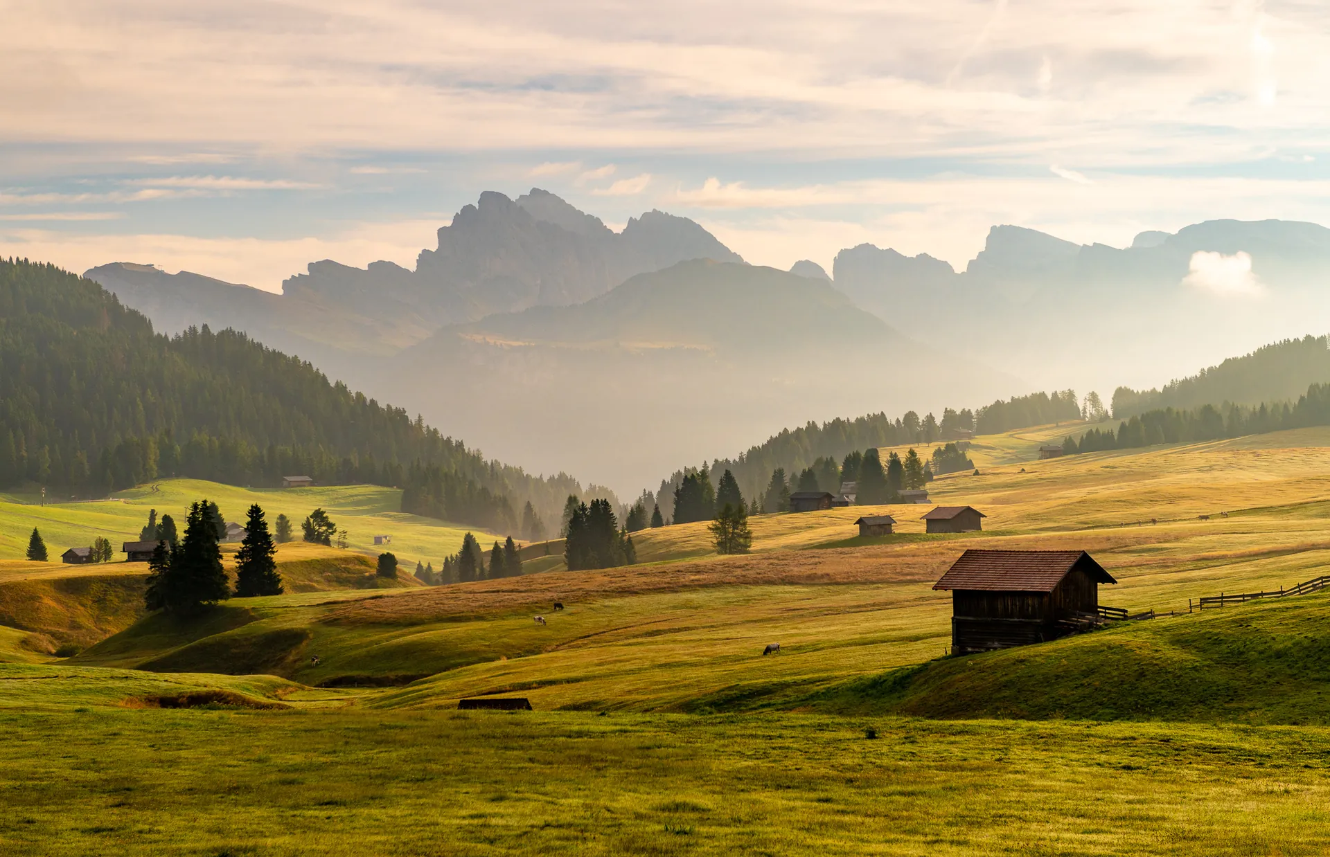 A wooden hut on a sunlit meadow, with the Seceda ridge in the distance.