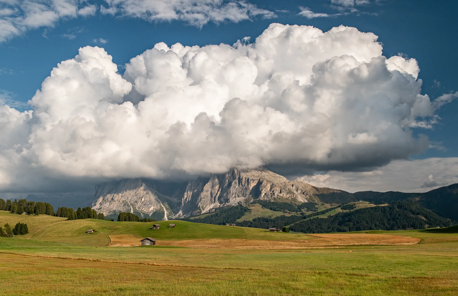 A large white cloud above Sassolungo, seen across the open pasture.