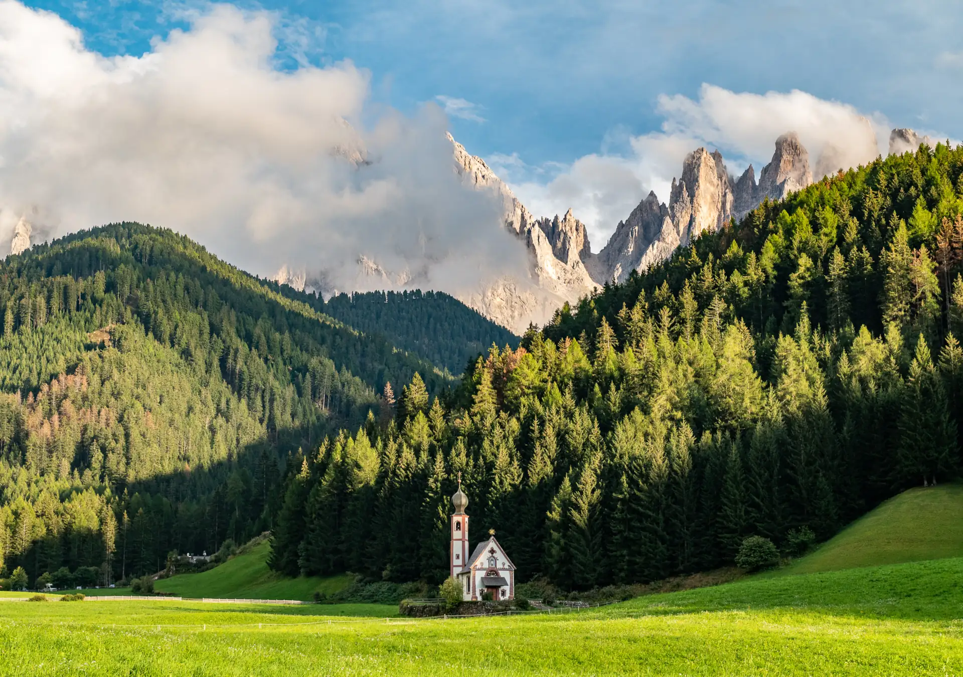 San Giovanni in Ranui with the Odle/Geisler peaks in the background