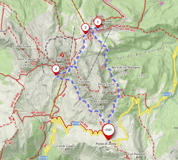 Map of the circuit from Passo Giau via Cinque Torri and back via Forcella Nuvolau.