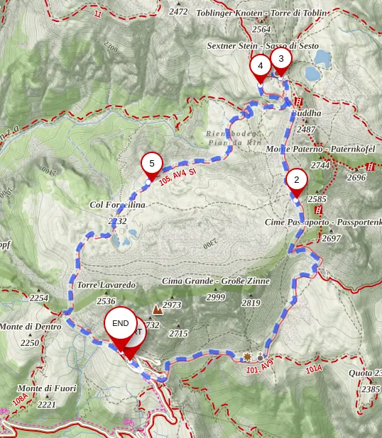Mapa delší varianty okruhu kolem Tre Cime.