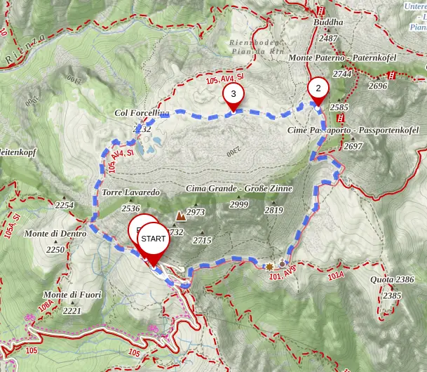 Mapa krátkého okruhu kolem Tre Cime.